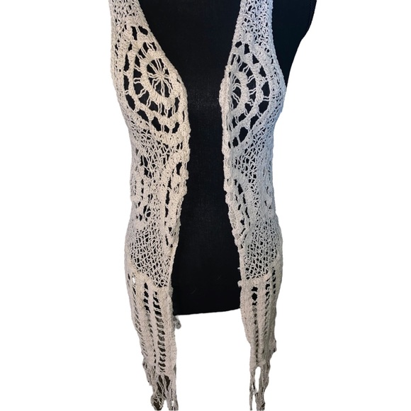 Its pink crochet fringe boho knitted long vest tan cream retro hippie medium - Picture 3 of 12